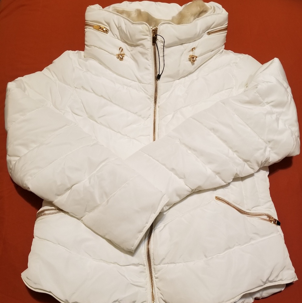 Zara Women's Cowl Neck Fur White Puffer Jacket